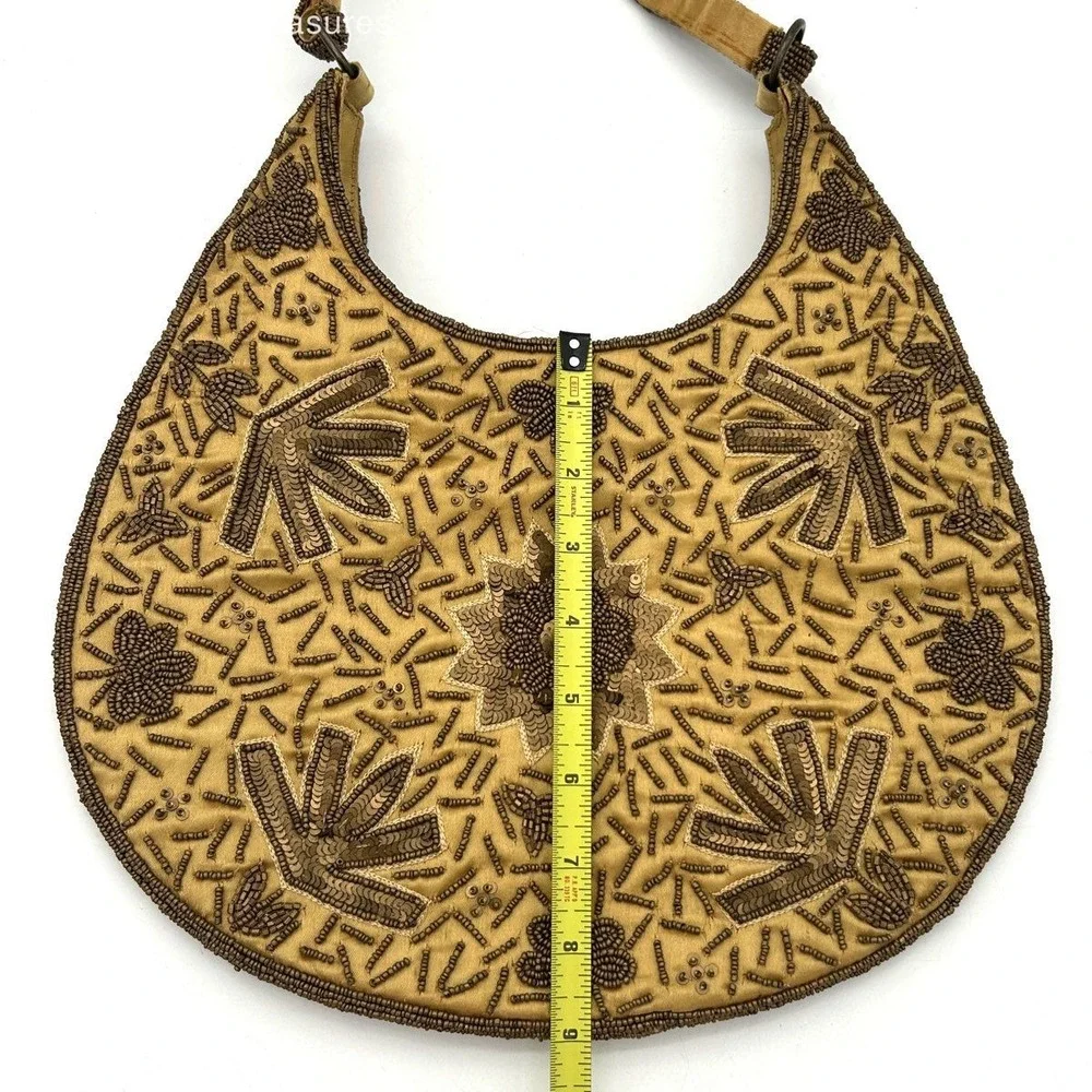 Vintage 90s Toni Women's Gold Bronze Beaded Sequined Floral Hobo Shoulder Bag